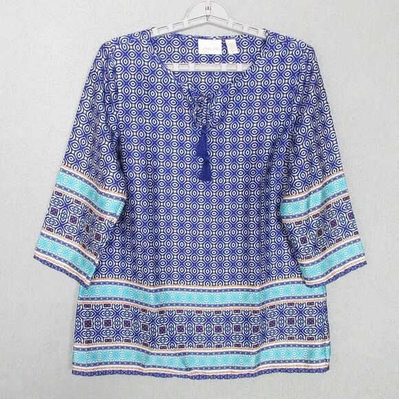 Chico's Tops - Chicos Tunic Womens 0 (S) Blue Geo Print 3/4 Sleeve Tassel Tie Polyester Casual